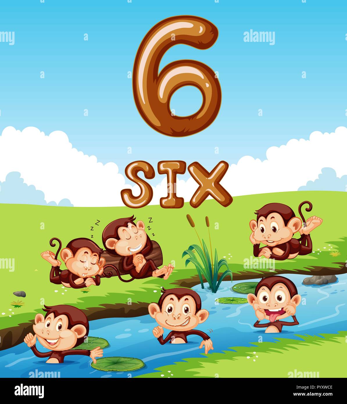 Six monkey à côté de la rivière illustration Illustration de Vecteur