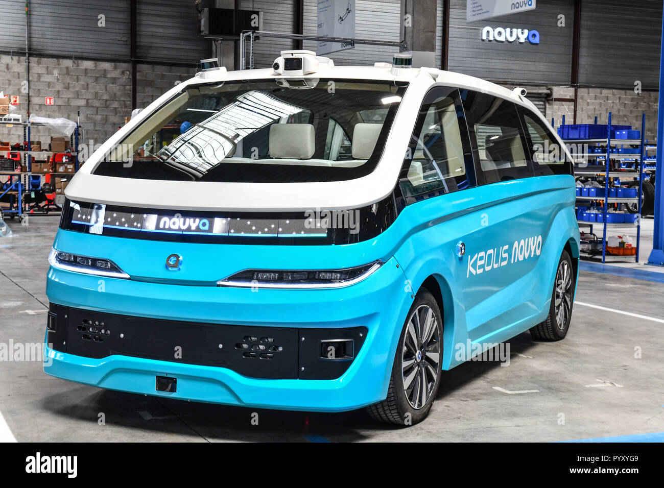 Venissieux (sud-est de la France). Navya usine de fabrication de véhicules autonomes. Autonom cabine, sans conducteur de taxi service développé par Keolis et Navya ** Banque D'Images