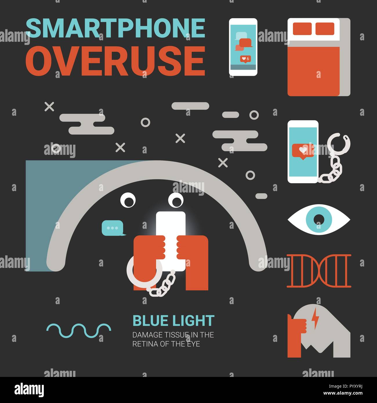 Illustration de l'utilisation excessive du smartphone concept avec icônes Illustration de Vecteur