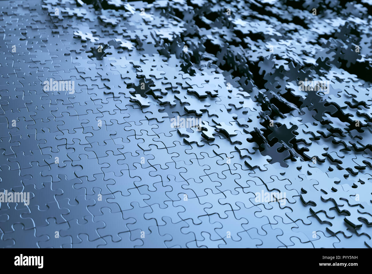 Illustration 3D abstract background. Image de pièces de puzzle en métal gris chromé. Banque D'Images