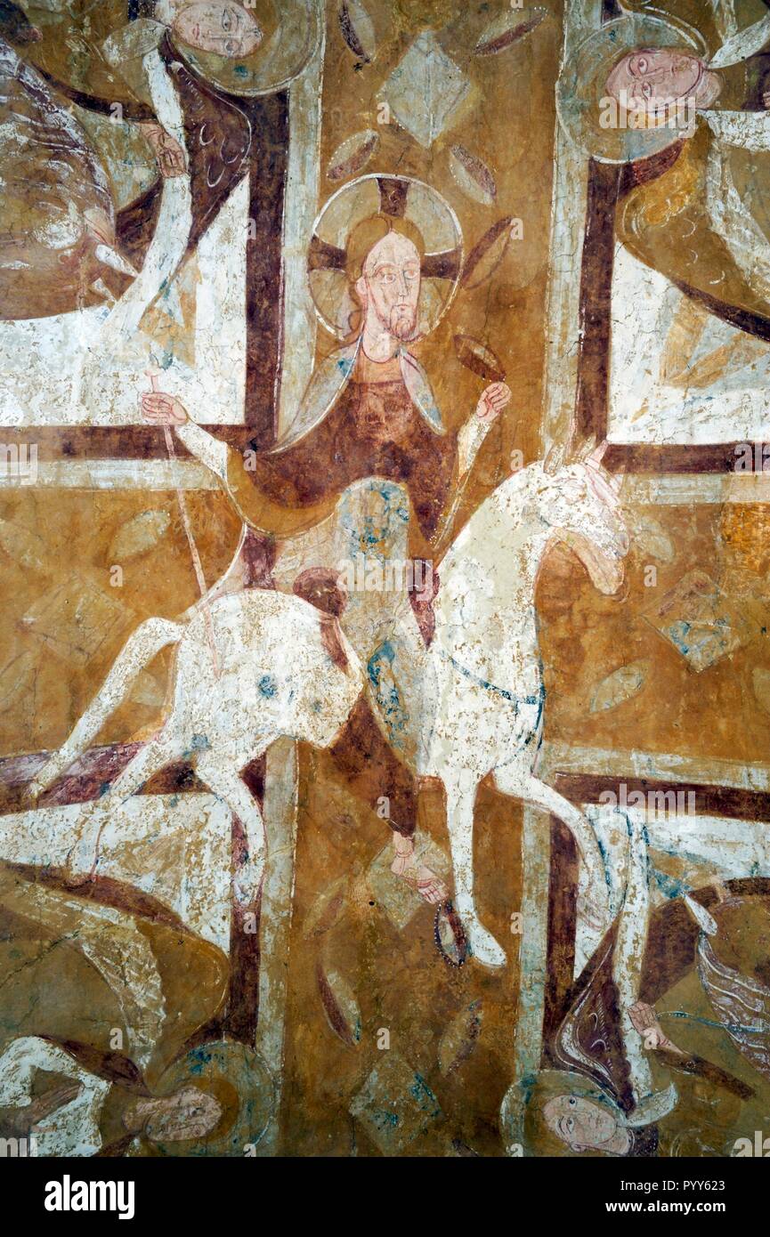 Le Christ sur un cheval blanc. Romane française fresque murale peinture sur une voûte de la crypte, la cathédrale, la France. Années 1150 Banque D'Images