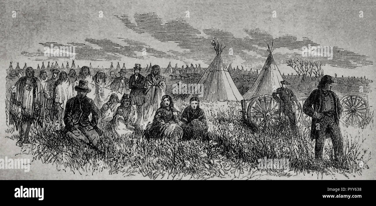 Camp indien pris par le Colonel Sibley pendant la guerre de 1862 DAkota Banque D'Images