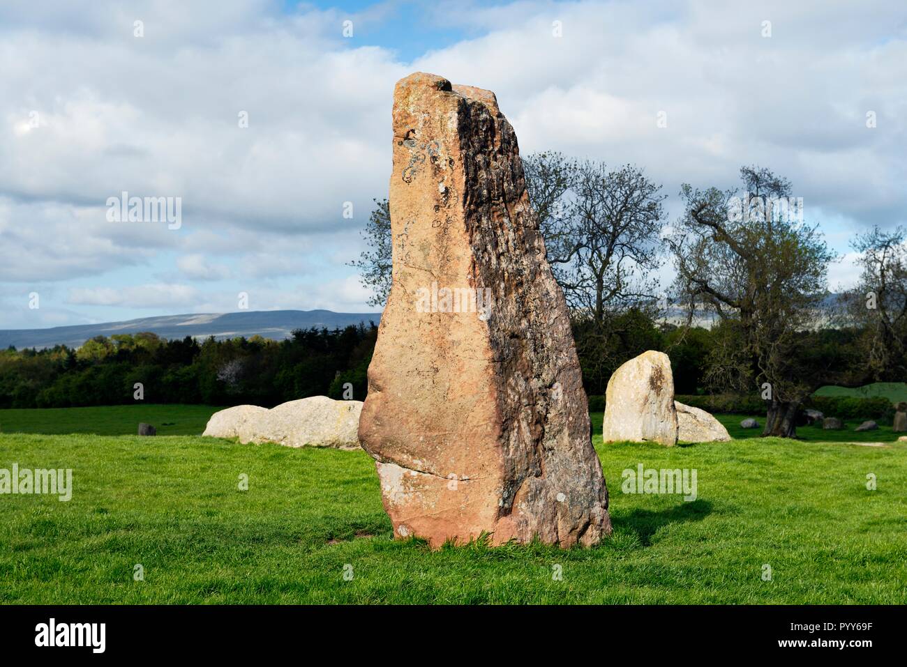 Néolithique préhistorique standing stone circle Long Meg and Her Daughters près de Penrith, Cumbria, Angleterre, Royaume-Uni. Long Meg en premier plan Banque D'Images