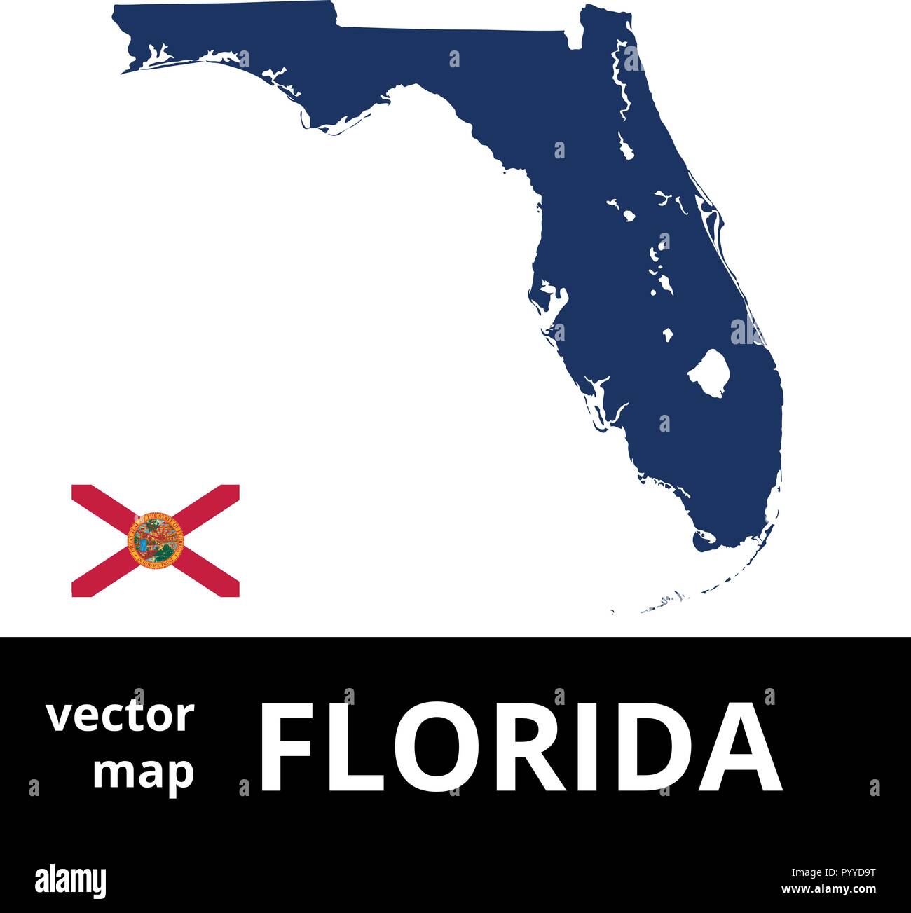 Floride carte vectorielle avec drapeau d'Etat. Carte bleue sur fond blanc. Illustration de Vecteur