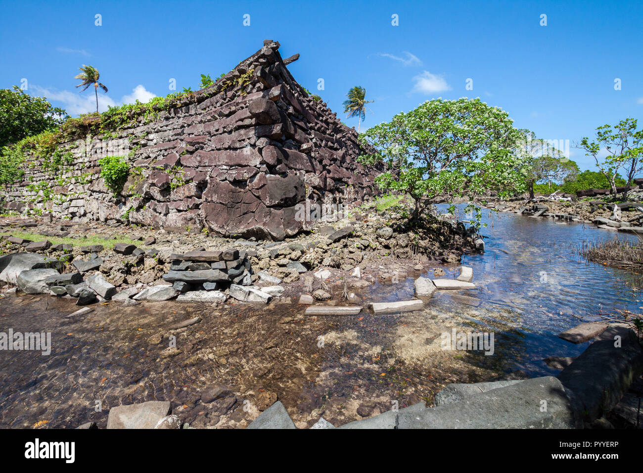 Un canal et les remparts à Nan Madol - ruines préhistoriques de la ville construite en pierre de basalte de dalles. Les murs anciens ont été construites sur des îles artificielles de corail dans le lagon de Pohnpei, Micronésie, Océanie Banque D'Images