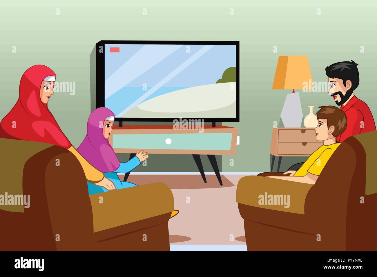 Un vecteur illustration de famille musulmane de regarder la télévision à la maison Illustration de Vecteur