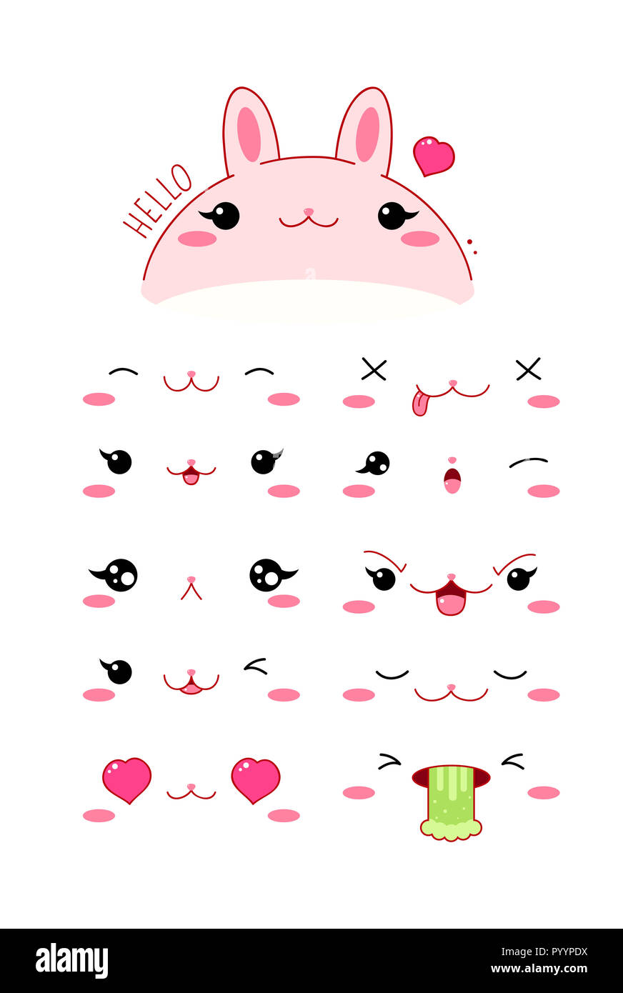 Lapin mignon drôle définir diverses émotions. Style Kawaii émoticone avec joues roses et des clins d'yeux. Spe8 Banque D'Images