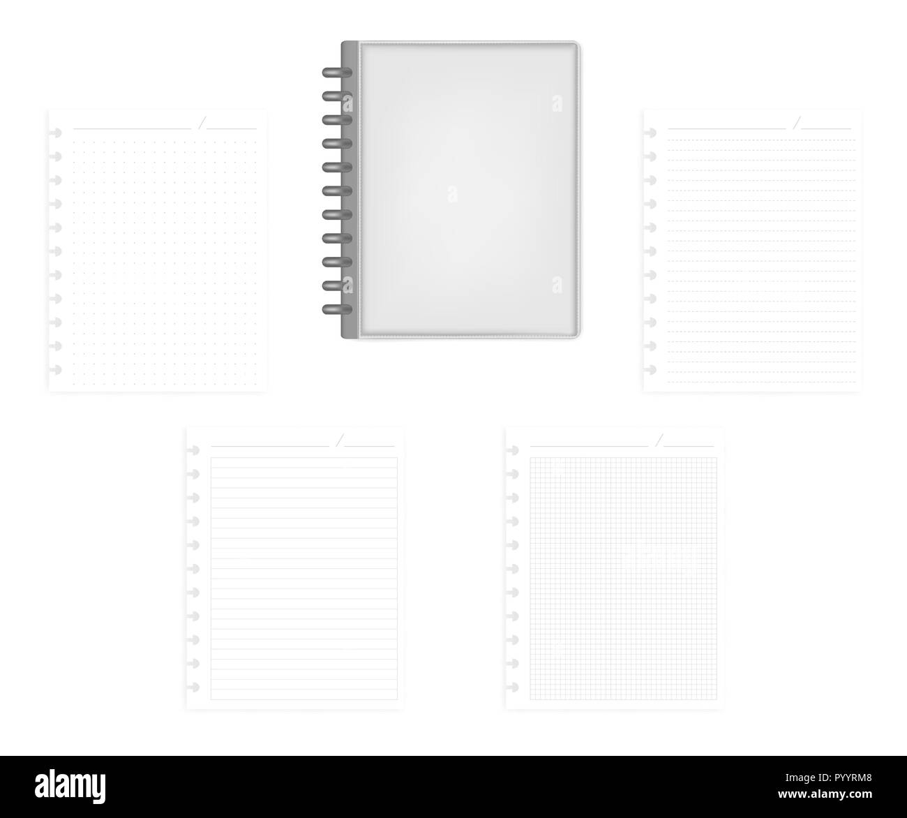 Lettre du disque fermé taille de cahiers avec set de divers trous a bouchon de remplissage des feuilles de papier, des maquettes de vecteur. Discbound cuir gris dia d'affaires Illustration de Vecteur