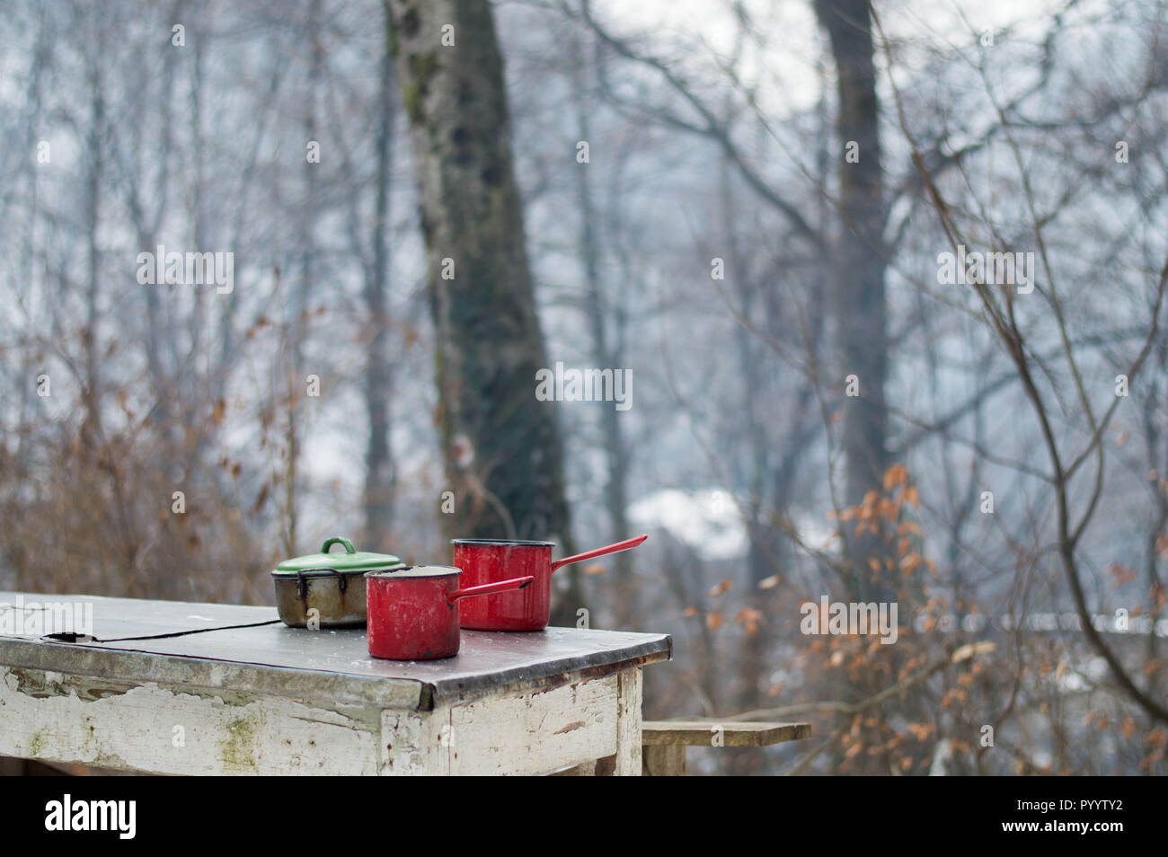 Plats d'émail sur la table - cuisine en plein air en hiver par feu de camp dans la forêt Banque D'Images