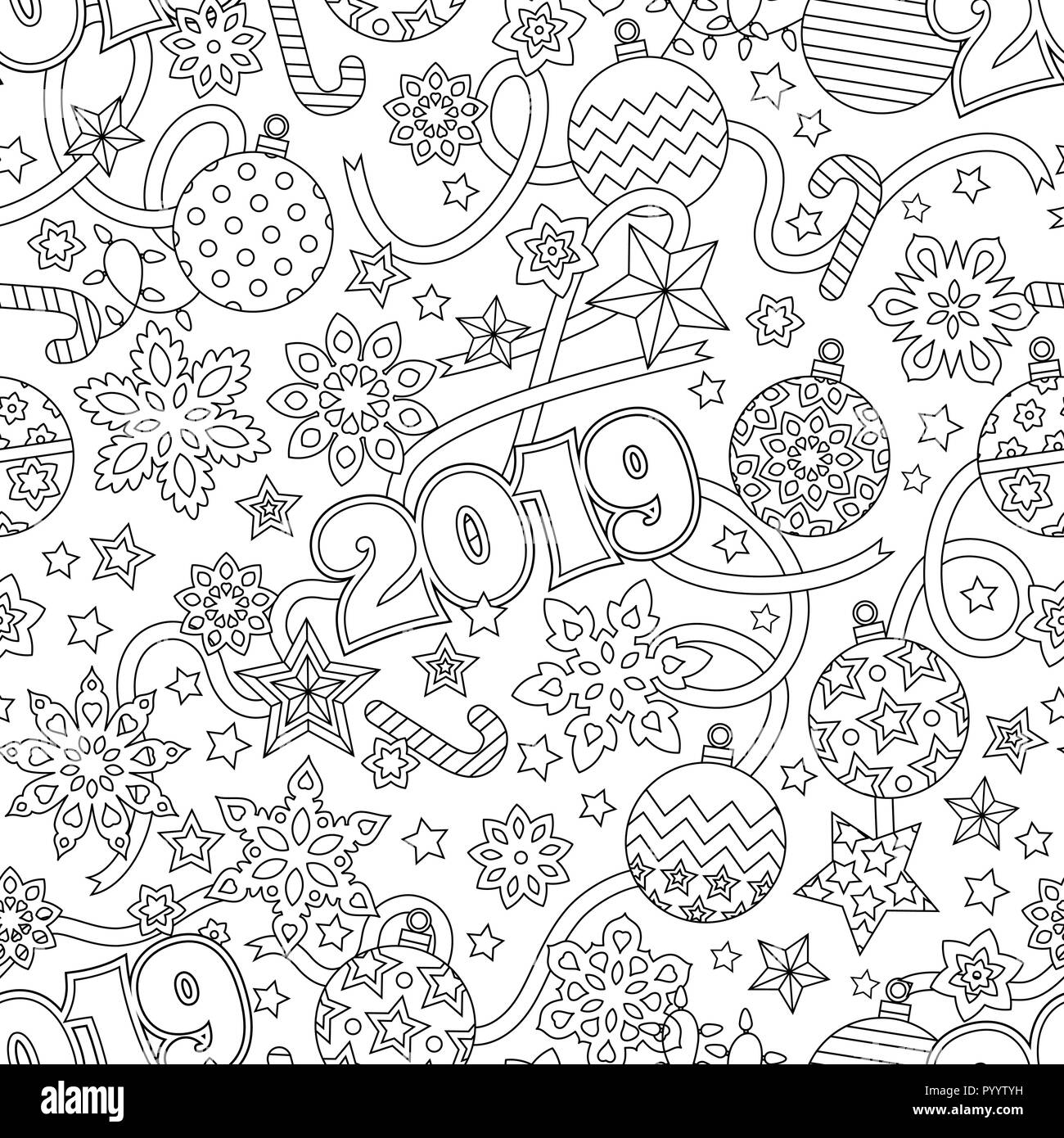 Nouvelle année 2019 contour dessiné à la main avec motif transparent fête des flocons de neige, des boules de Noël, des daims et des étoiles isolé sur fond blanc. antistress coloration livre pour adulte. Illustration de Vecteur