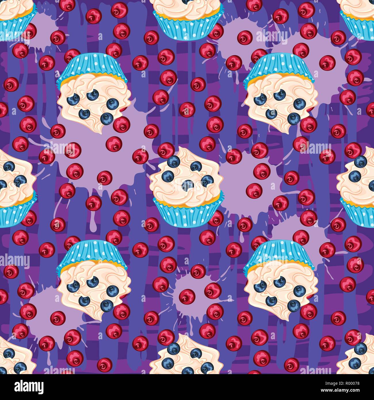 Cupcake avec des fruits rouges et de myrtilles sur le fond violet vector modèle homogène. Dessert sucré pour emballage ou le textile. Illustration de Vecteur