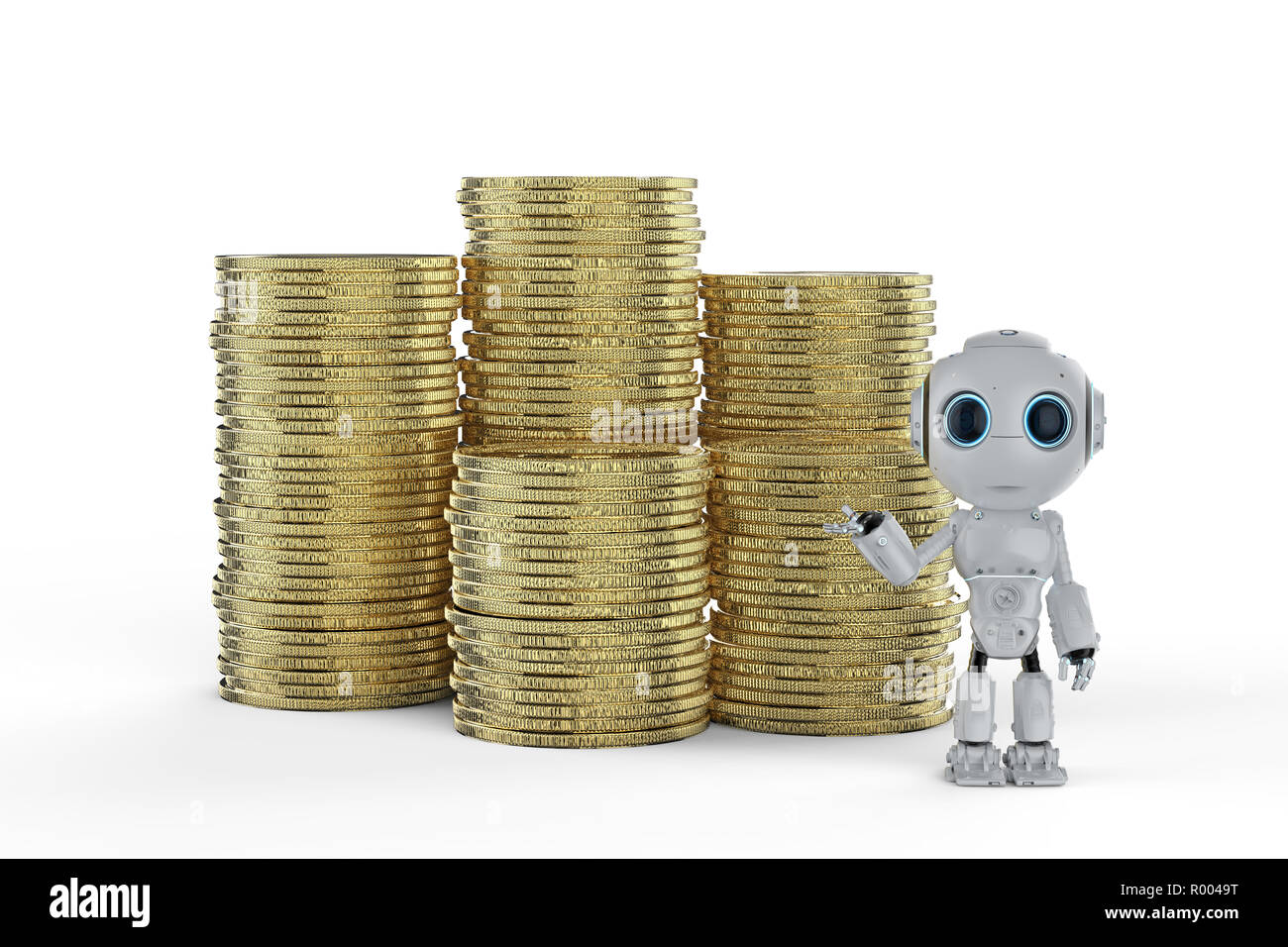 Technologie concept financier avec rendu 3D mini robot avec pile de pièces d'or Banque D'Images