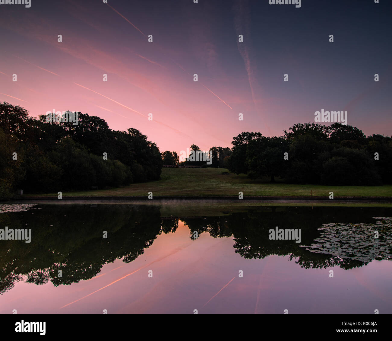 Lever du soleil pourpre avec des réflexions sur un étang Banque D'Images