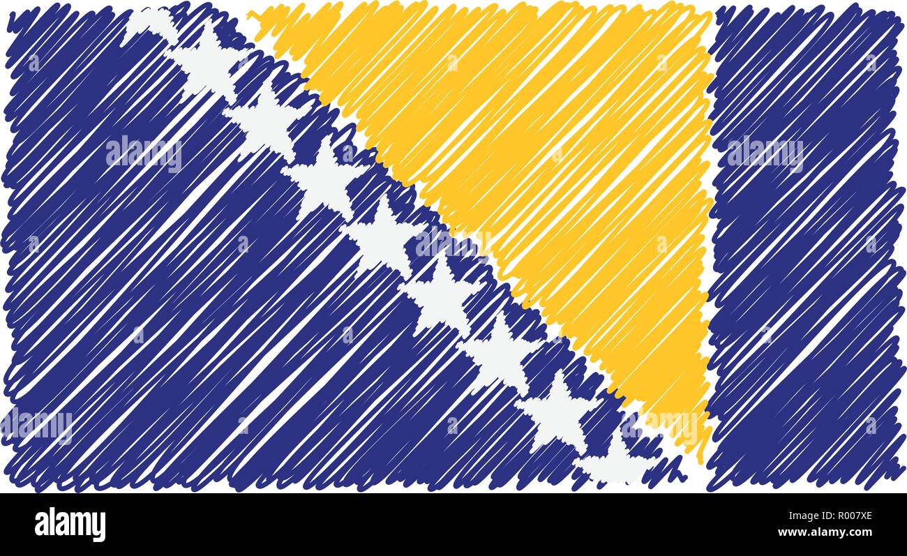 Drapeau national à la main de la Bosnie-Herzégovine isolé sur un fond blanc. Vector Illustration Style de croquis. Illustration de Vecteur