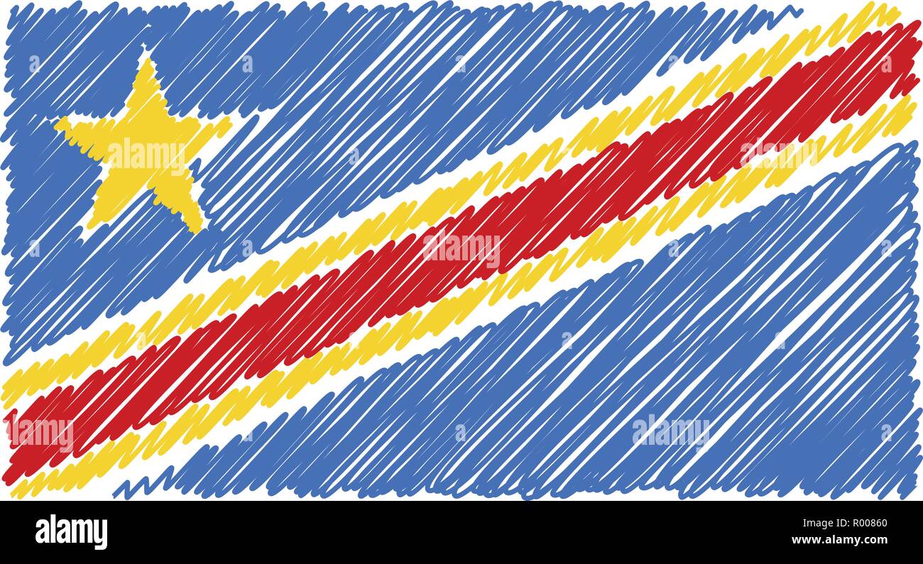 Hand Drawn Drapeau national de la République démocratique du Congo isolé sur un fond blanc. Vector Illustration Style de croquis. Illustration de Vecteur