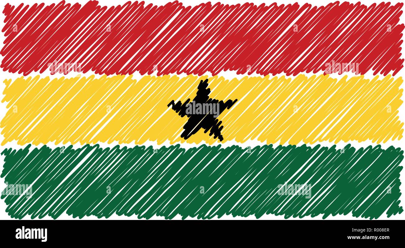 Hand Drawn Drapeau national du Ghana isolé sur un fond blanc. Vector Illustration Style de croquis. Illustration de Vecteur