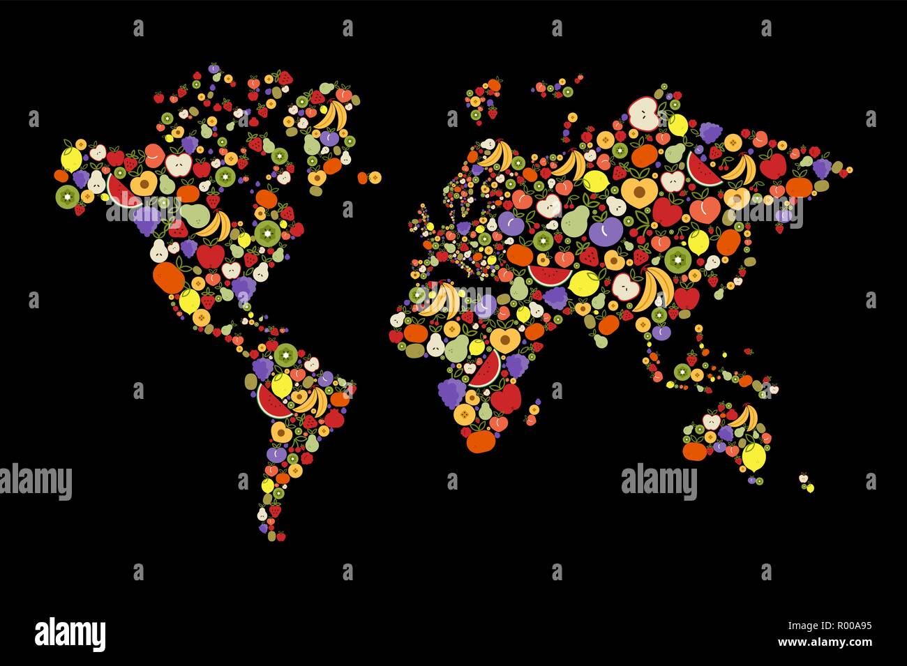 Carte du monde fait de télévision cartoon fruit les icônes de menu pour global concept ou une alimentation saine prise de conscience. Illustration de Vecteur