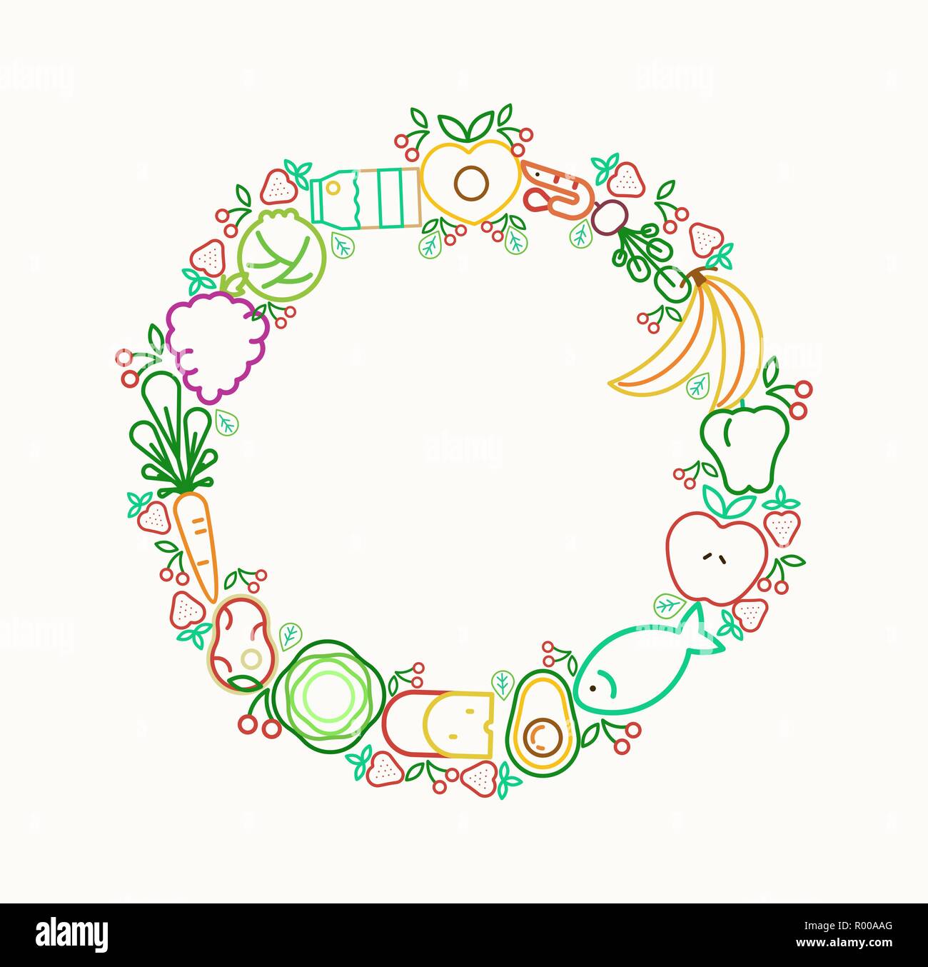 Icônes alimentaire châssis circulaire modèle pour la saine alimentation ou alimentation équilibrée concept avec copie espace isolé sur fond. Comprend des fruits, légumes, Illustration de Vecteur