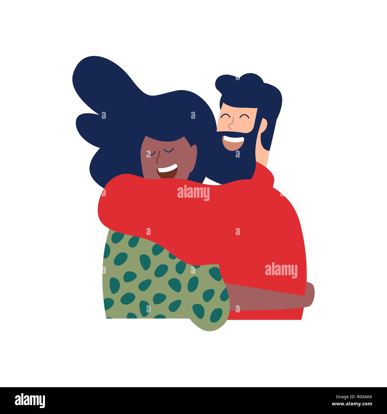 Deux amis ou romantique couple hugging and smiling together in noël des vêtements d'hiver. Les gens heureux divers illustration relation isolées sur des ba Illustration de Vecteur
