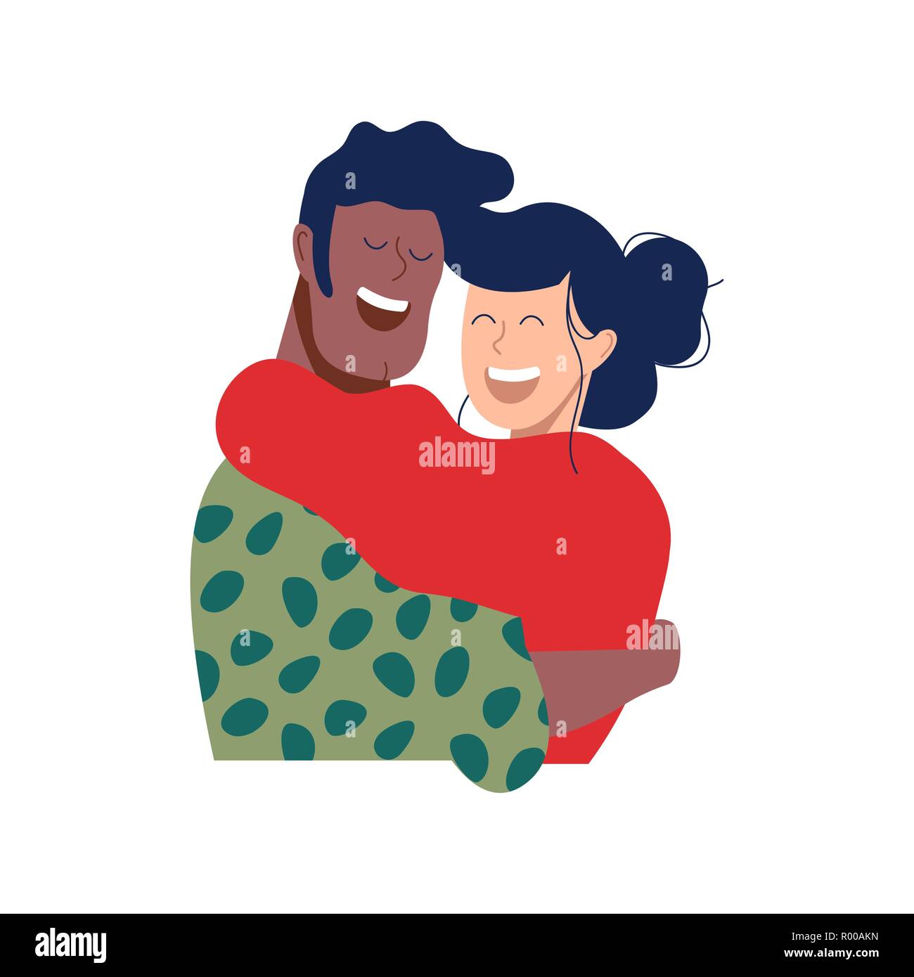 Deux amis ou romantique couple hugging and smiling together in noël des vêtements d'hiver. Les gens heureux divers illustration relation isolées sur des ba Illustration de Vecteur