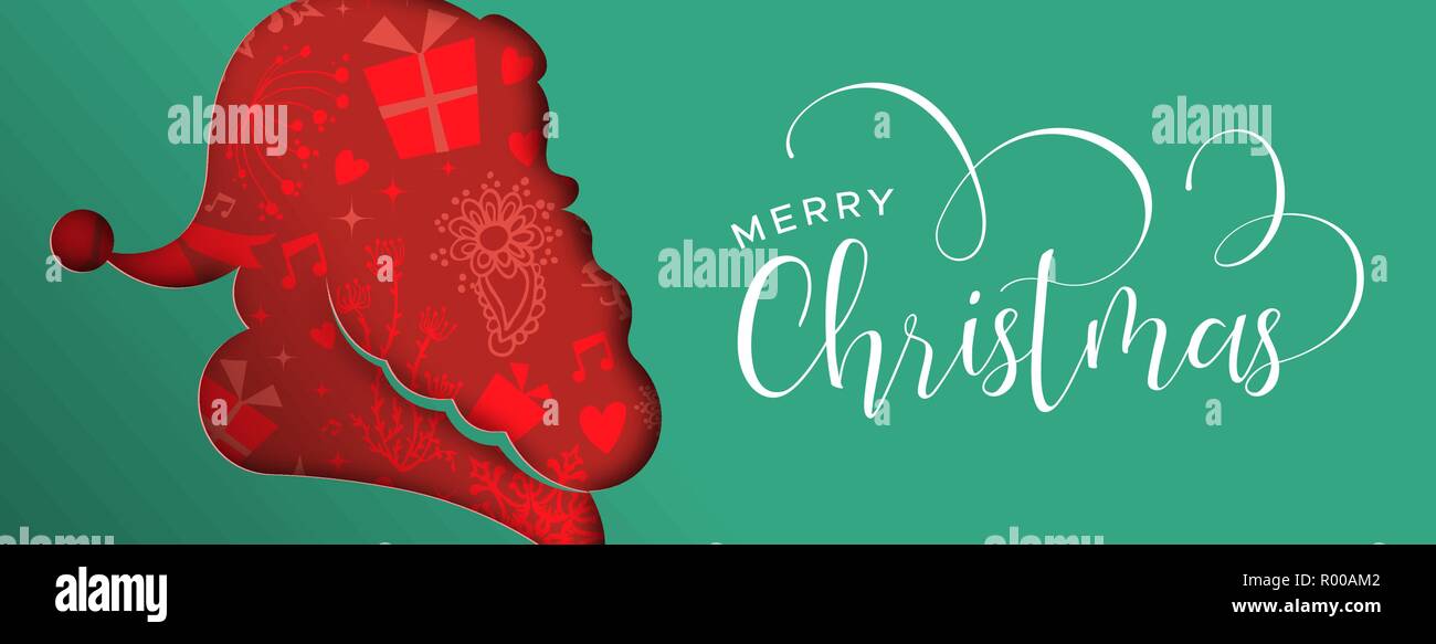 Joyeux Noël bannière web illustration. Coupe papier tête père noël silhouette découpe dans des couleurs festives. Effet 2 en 1 avec xmas typog Illustration de Vecteur