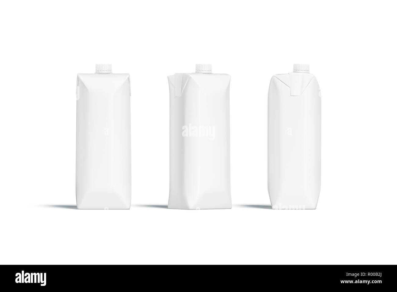 Blank white prisma juice pack avec couvercle immersive défini, et d'autre,  rendu 3d. Pack de lait vide mock up, stand isolés. Fort claire à l'aide  d'asepsie boisson fraîche. Paquet avec du yaourt