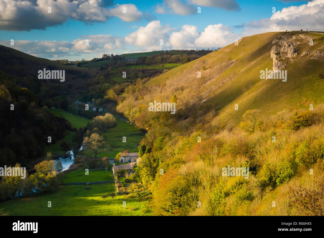 La rivière Wye a coupé profondément dans le calcaire environnant dans le Derbyshire Peak District. Banque D'Images