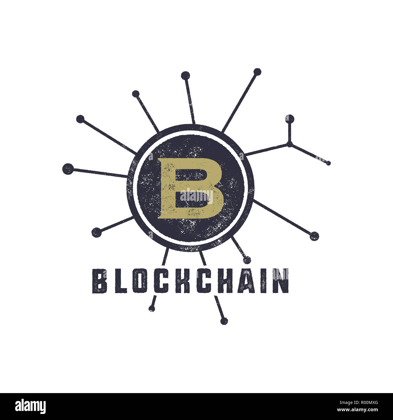 Blockchain concept emblème. Logo actifs numériques. Han vintage design monochrome dessiné. Badge de la technologie. Stock illustration isolé sur fond blanc Banque D'Images