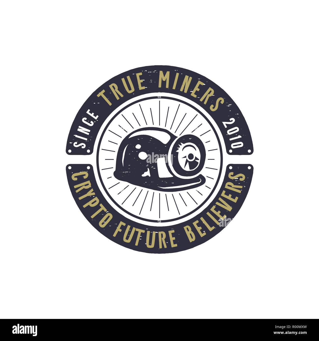 L'emblème de l'exploitation minière crypto. Devise Crypto étiquette et concept. Logo actifs numériques. Han vintage design monochrome dessiné. Patch de la technologie. Stock illustration isolé sur fond blanc Banque D'Images