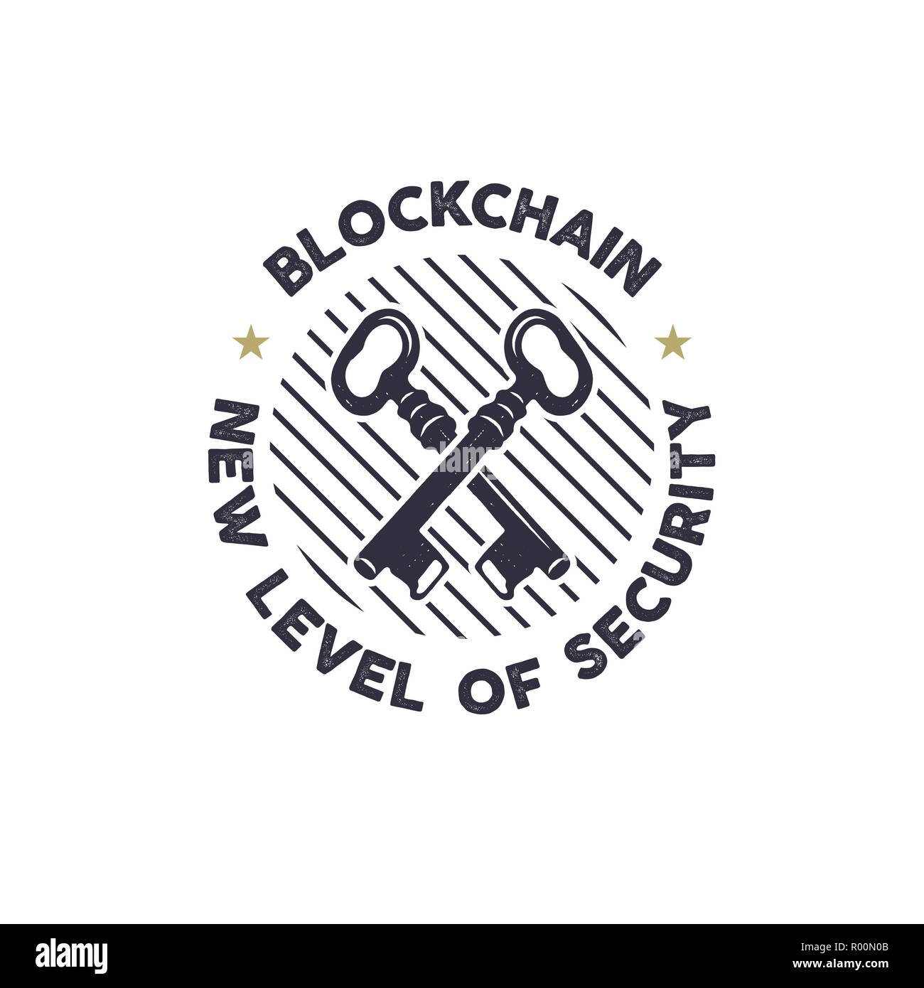 Blockchain - nouveau niveau de sécurité avec des clés concept emblème symbole. Logo actifs numériques. Han vintage design monochrome dessiné. Badge de la technologie. Stock illustration isolé sur fond blanc Banque D'Images