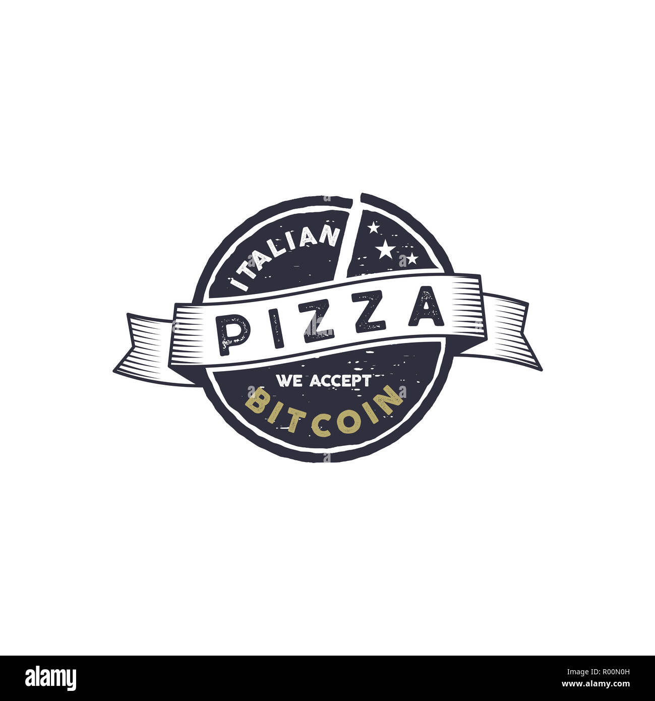 Pizza italienne pour l'emblème de Bitcoin. Nous acceptons BTC logo design. Les biens numériques pour des biens réels concept. Vintage style dessiné à la main. Stock illustration isolé sur fond blanc Banque D'Images