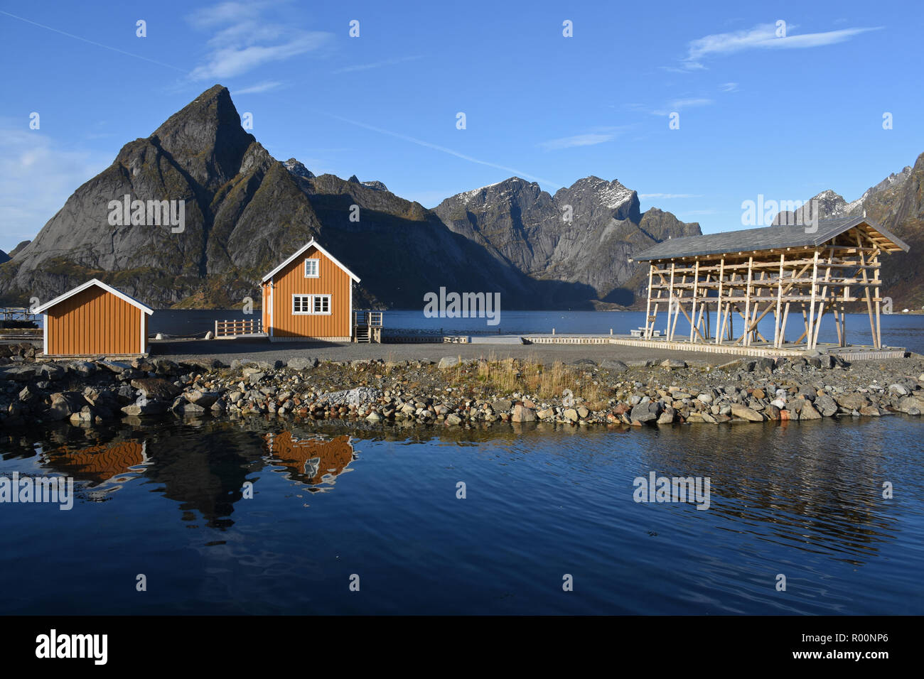 Maisons en jaune et Olstinden Sakrisoy en arrière-plan, Lofoten, Norvège Banque D'Images
