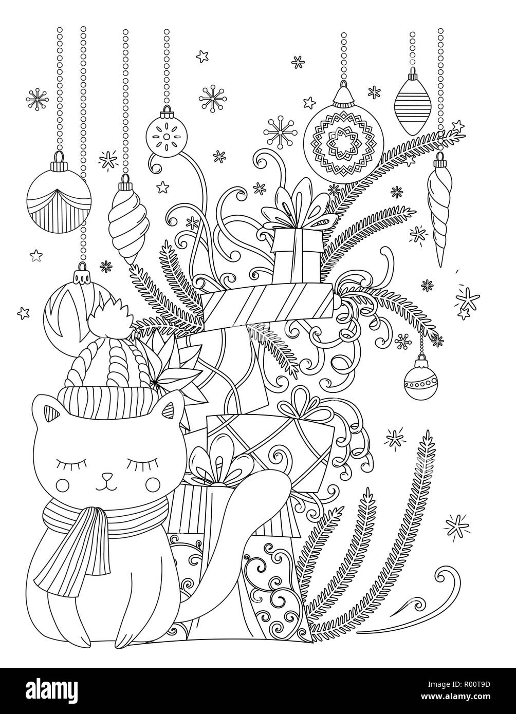 Coloriages De Noel Pour Les Enfants Et Les Adultes Chat Mignon Avec Echarpe Et Chapeau Tricote Maison De Vacances Pile De Cadeaux Hand Drawn Vector Illustration Image Vectorielle Stock Alamy