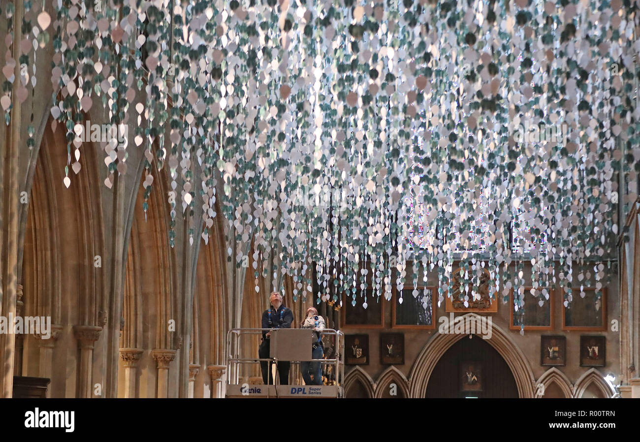 36 000 messages en forme de feuille sont accrochés au plafond de la Cathédrale St Patrick à Dublin, se souvenant des Irlandais 36 000 hommes et femmes qui sont morts pendant la Première Guerre mondiale. Banque D'Images