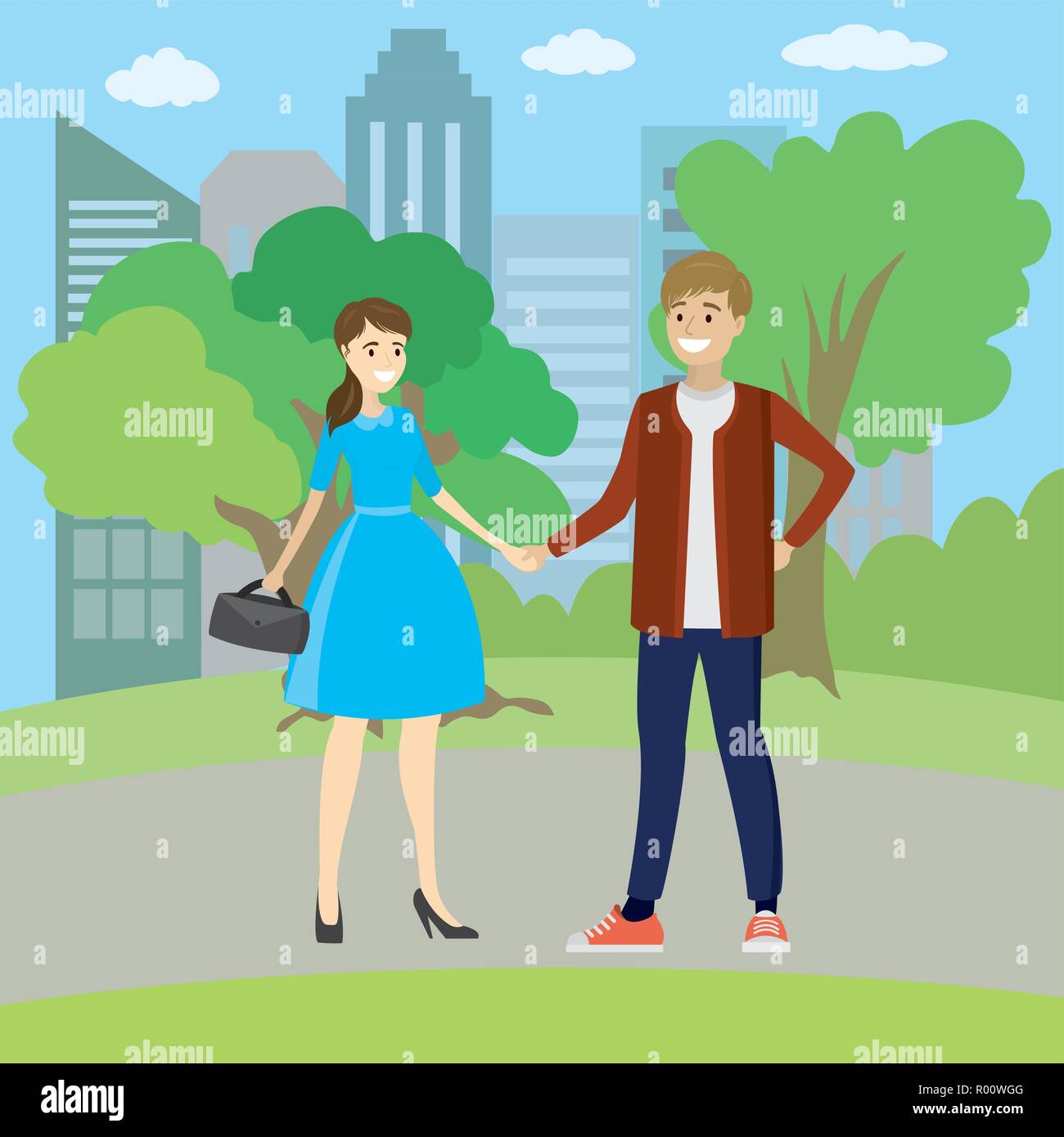 Jeune couple, famille, debout dans le parc, main dans la main,vector illustration Illustration de Vecteur