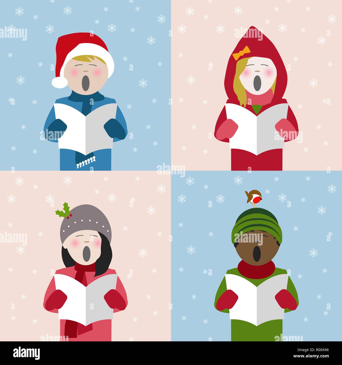 Les garçons et les filles dans des vêtements d'hiver des chants de Noël à partir d'une feuille de chanson Illustration de Vecteur