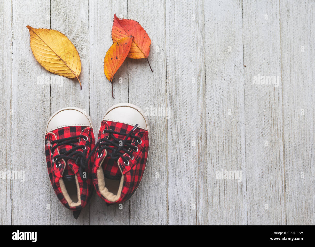 Une paire de chaussures de bébé avec quelques feuilles colorées Banque D'Images