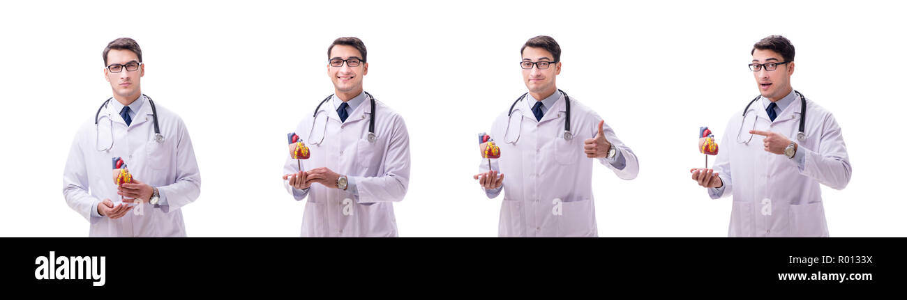 Jeune médecin avec forme de coeur isolated on white Banque D'Images