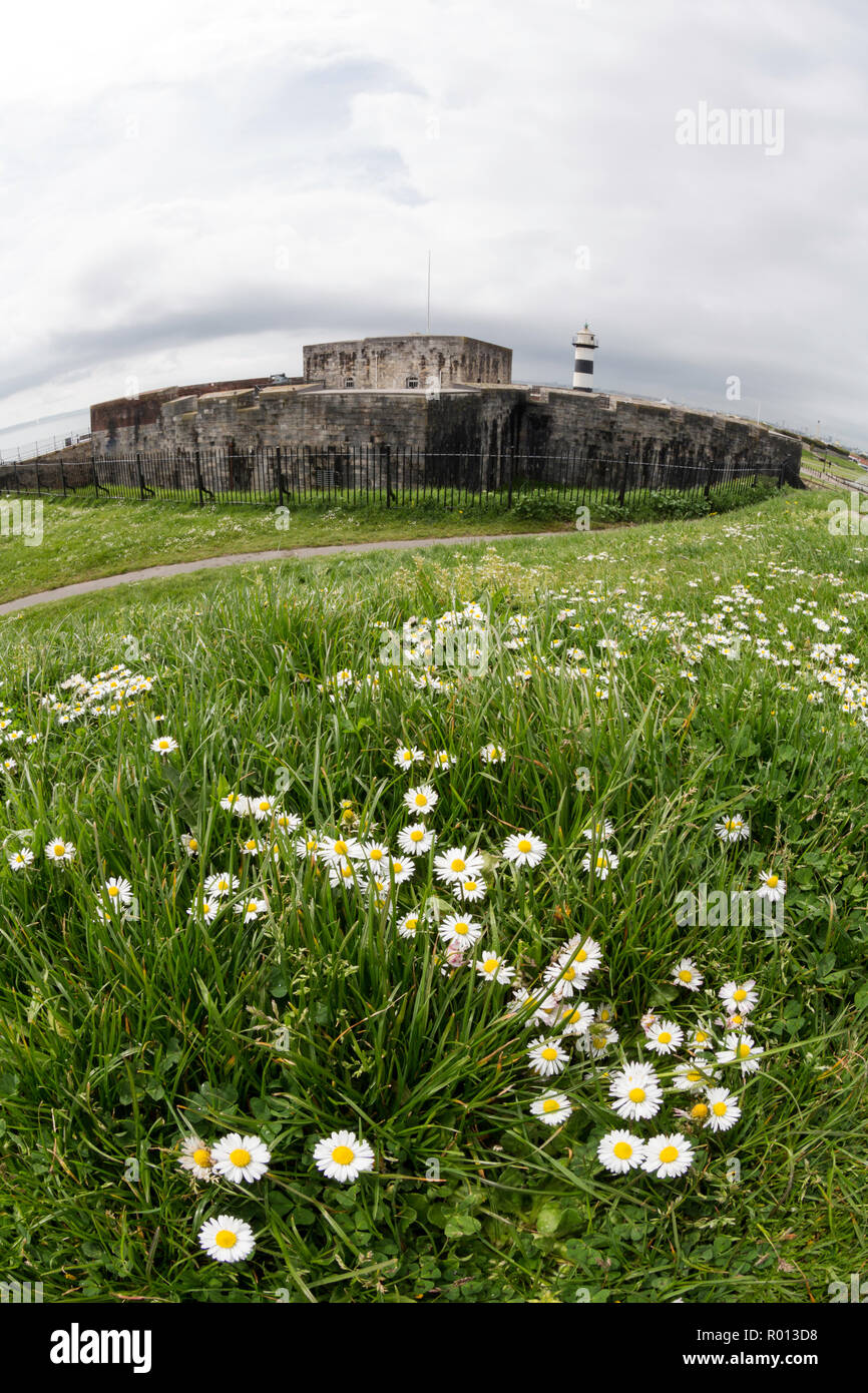 Phare et les motifs de la château de Southsea à Portsmouth, en Angleterre. Banque D'Images