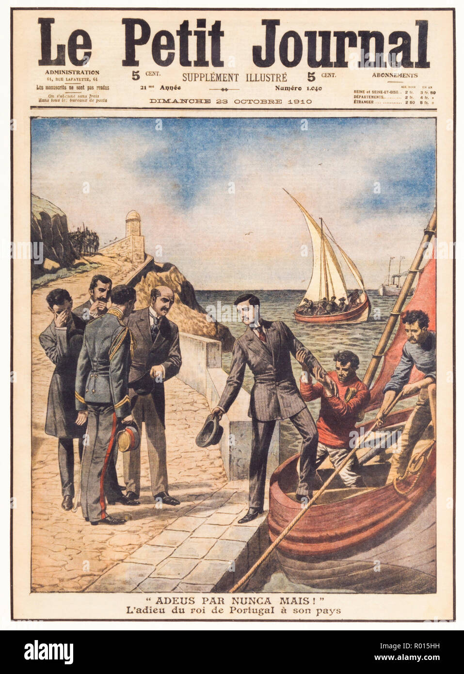 Ancien exemplaire de la revue française Le Petit Journal avec une illustration de couverture image représentant le roi portugais Manoel II de Portugal fuyant son pays en 1910 pour s'exiler en Angleterre. Banque D'Images