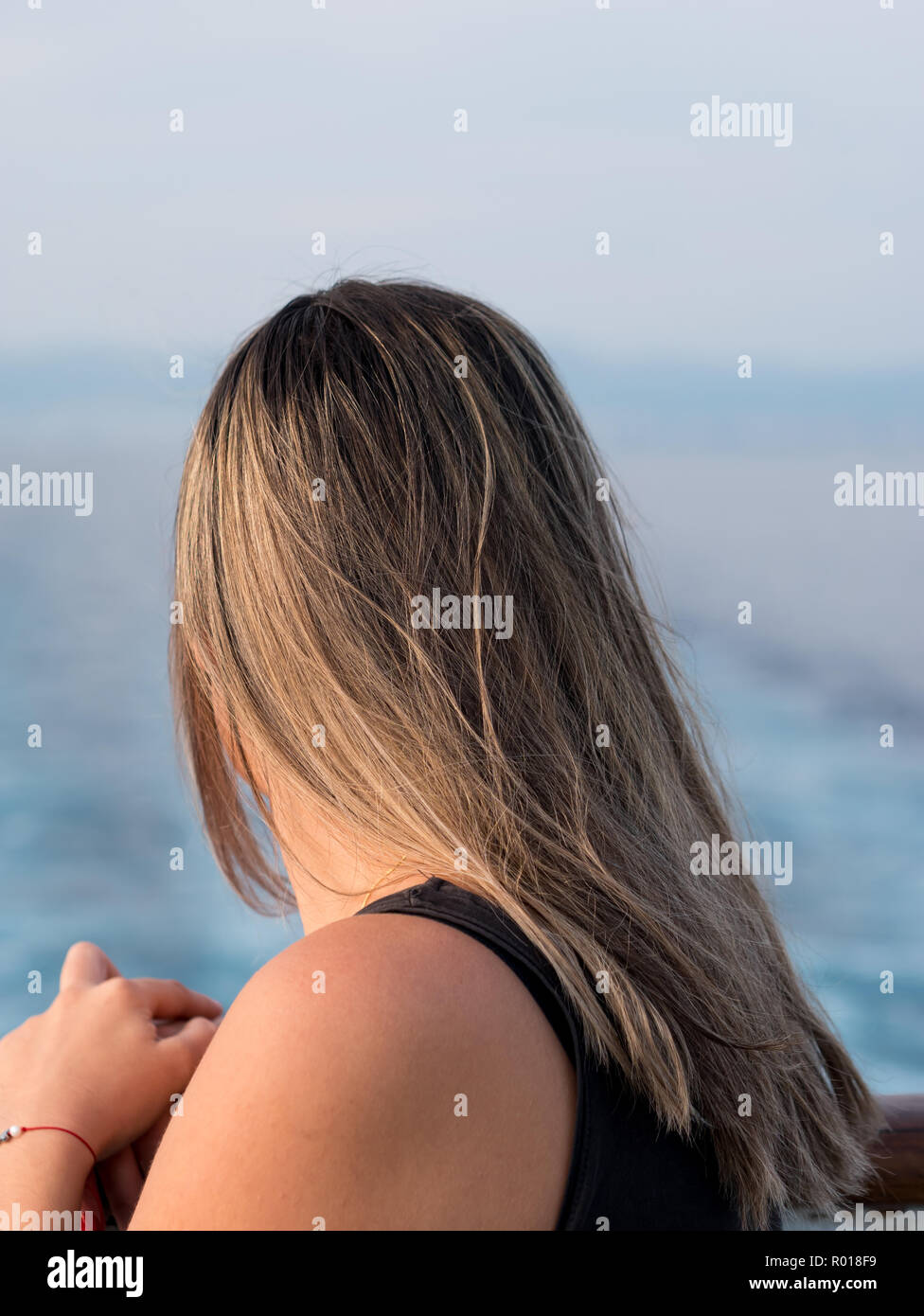 Young caucasian woman with long hair regardant la mer de l'arrière Banque D'Images