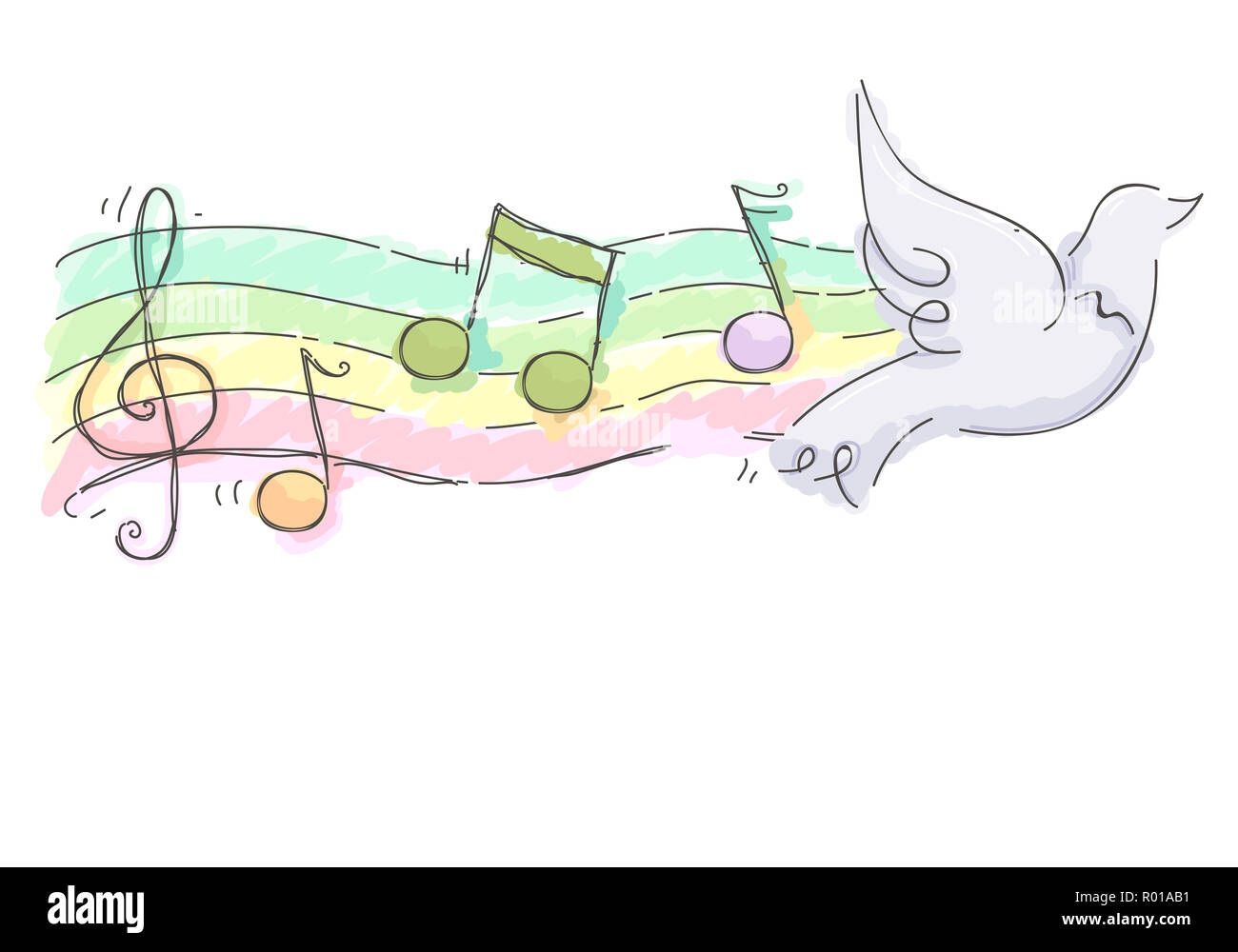 Illustration d'une colombe blanche avec des notes de musique sur le personnel derrière Banque D'Images