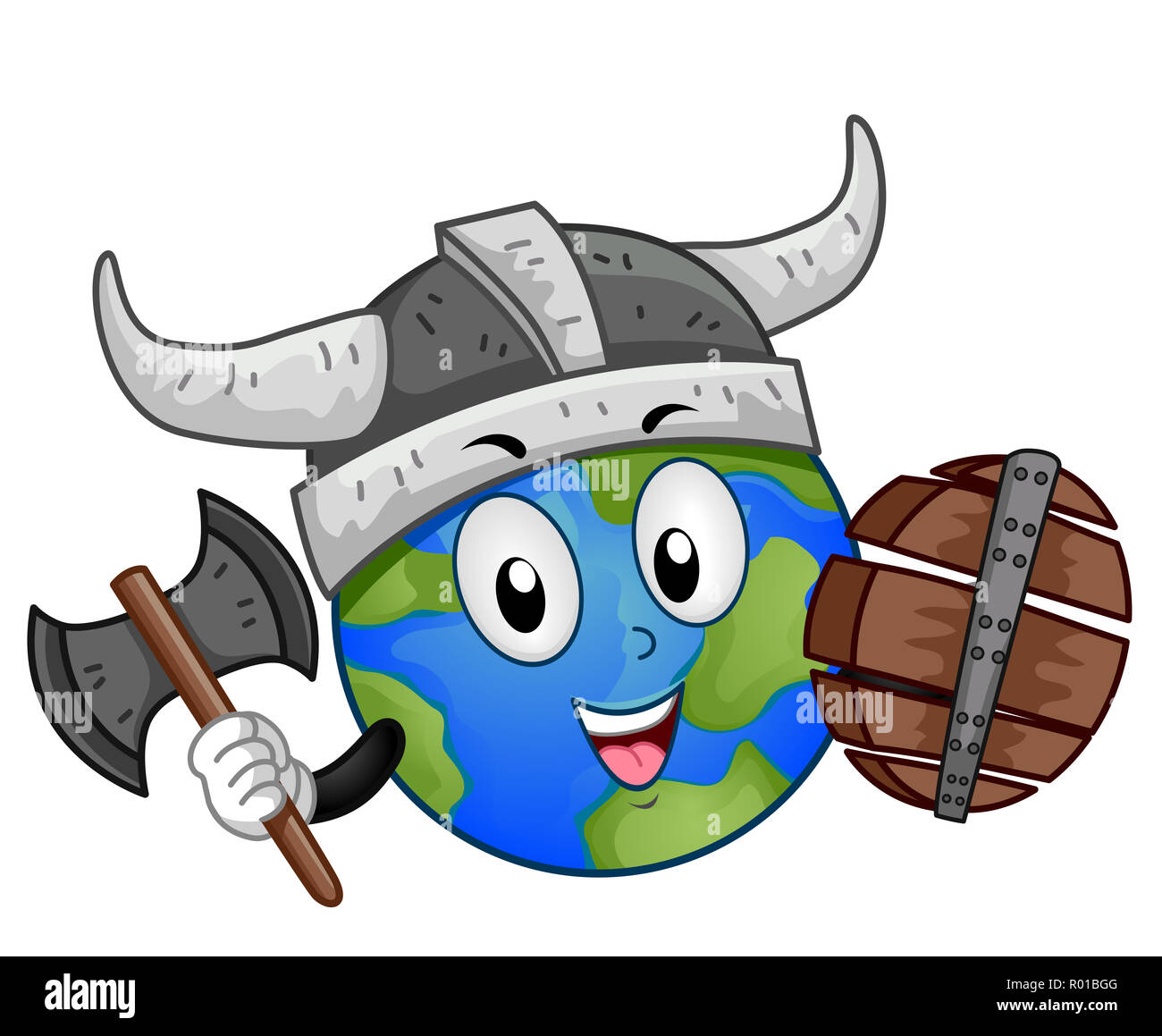 Illustration d'une mascotte de la terre portant un costume Viking hache et Bouclier en bois Holding Banque D'Images