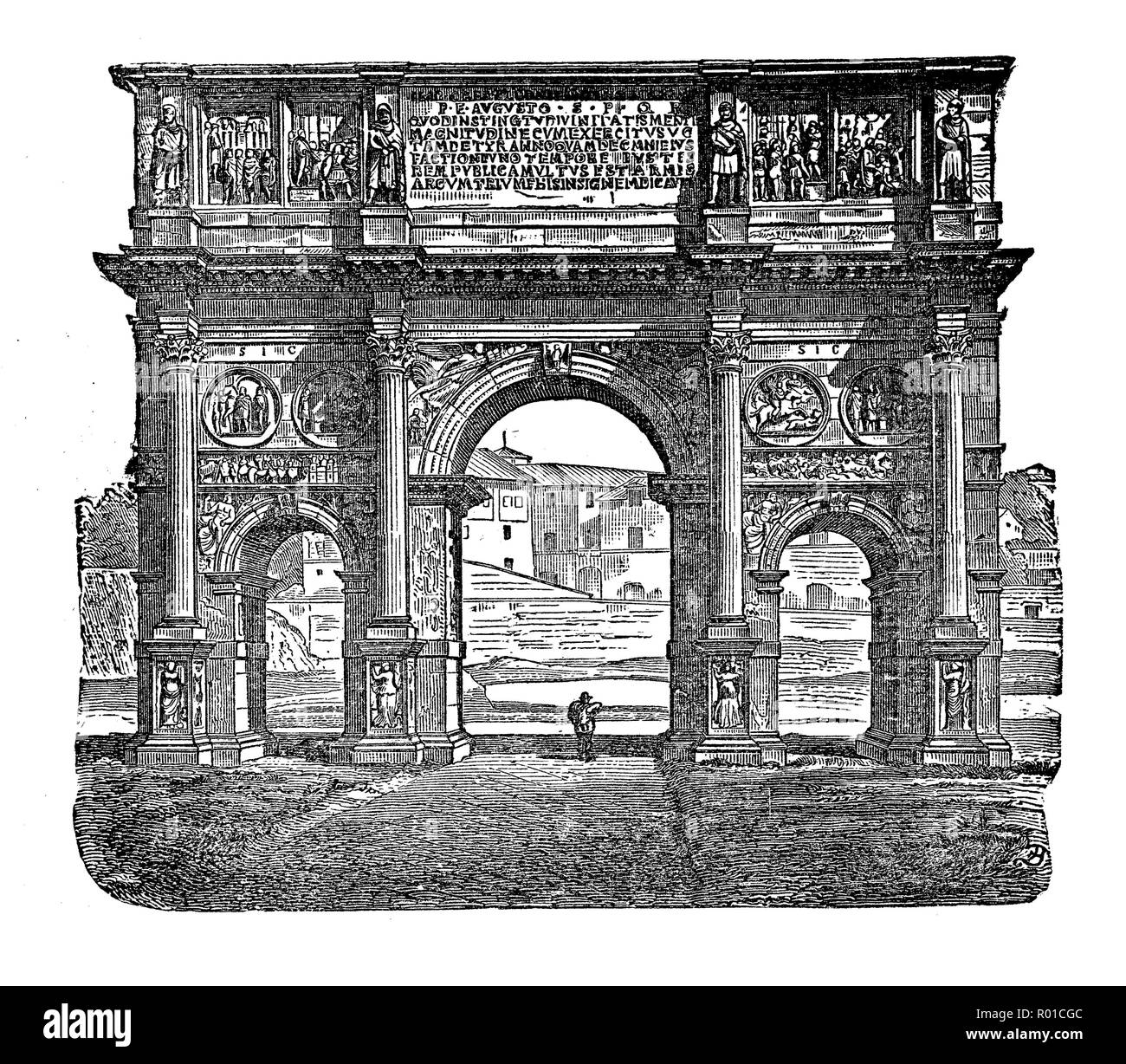 Vintage gravure d'Arc de Constantin à Rome, Italie, consacré en 315 DC à l'empereur Constantin I. Il a trois arches et au-dessus un grenier de marbre. Banque D'Images