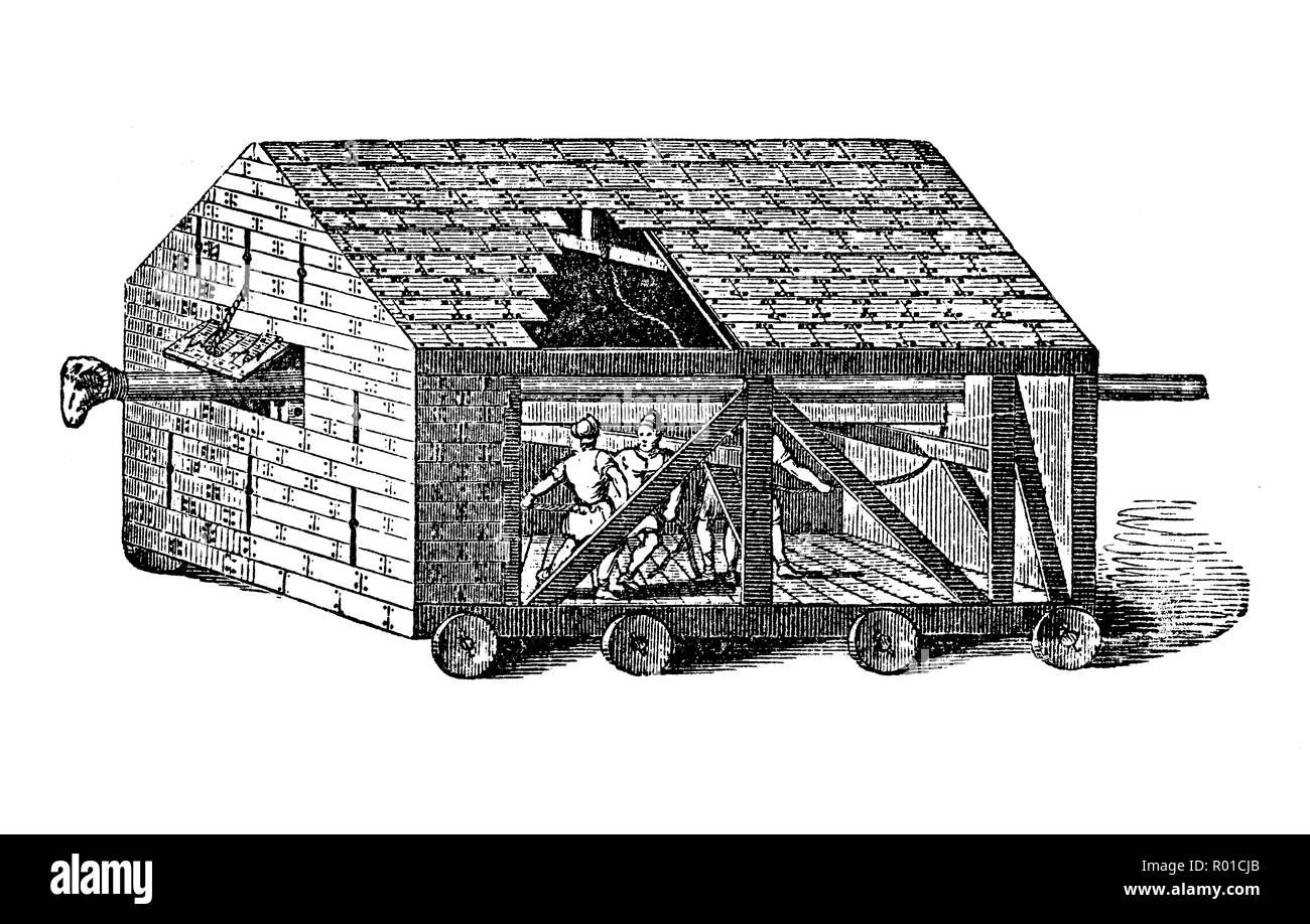 Vintage gravure de bélier, d'engins de siège conçues pour s'ouvrir mur de maçonnerie de fortification ou portes en bois., il a été essentiellement un journal lourds transportés et propulsé par plusieurs personnes contre l'obstacle Banque D'Images
