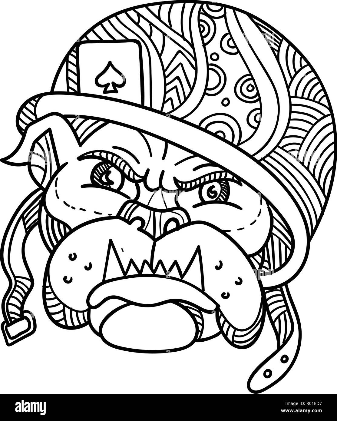 Ligne Mono illustration de tête d'un soldat américain bulldog portant un casque avec jeu de carte as de pique fait dans le style de produit unique. Illustration de Vecteur