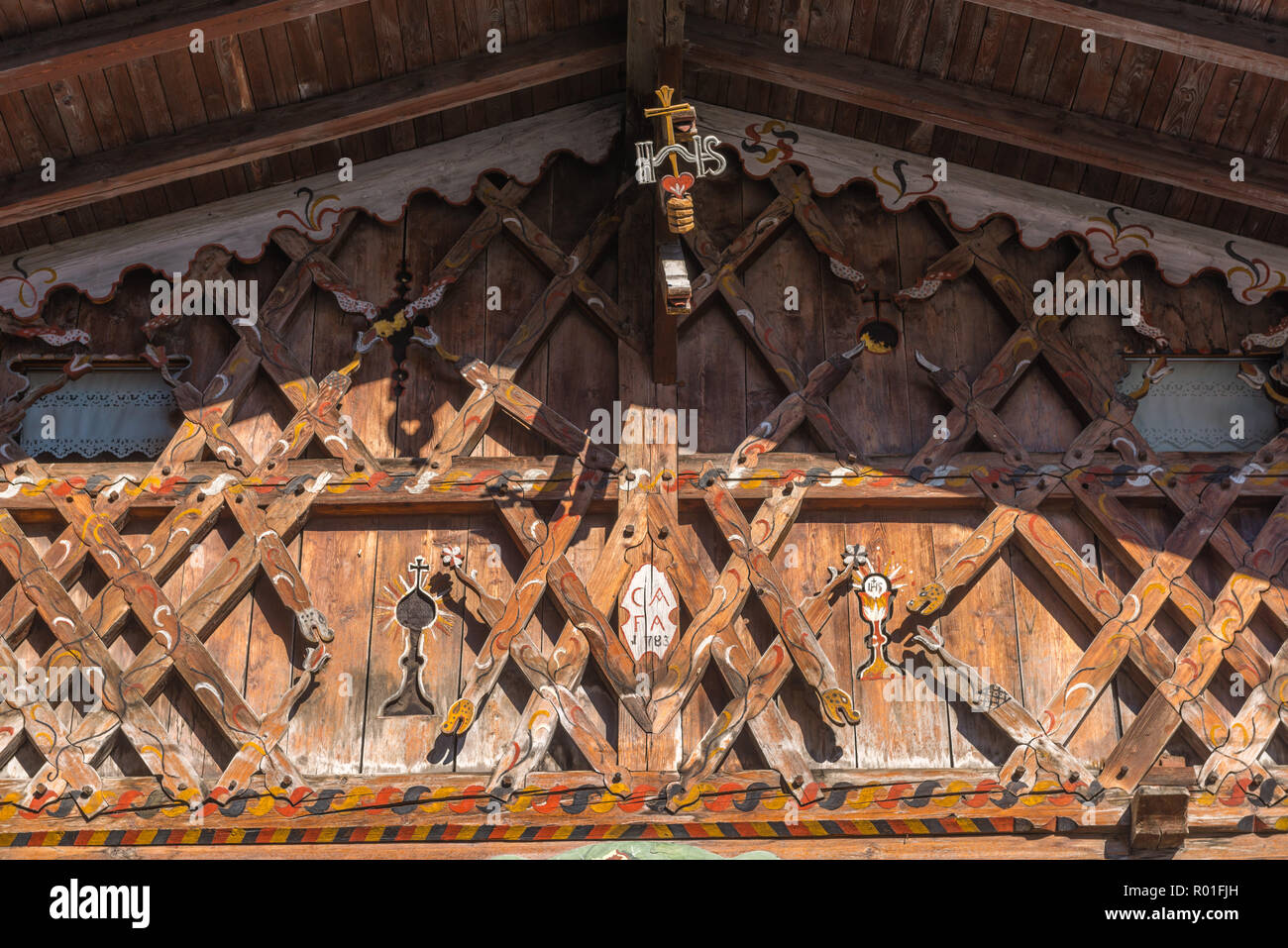 Pignon en bois d'une maison bavaroise traditionnelle, Wallgau, Bavaria, Germany, Europe Banque D'Images