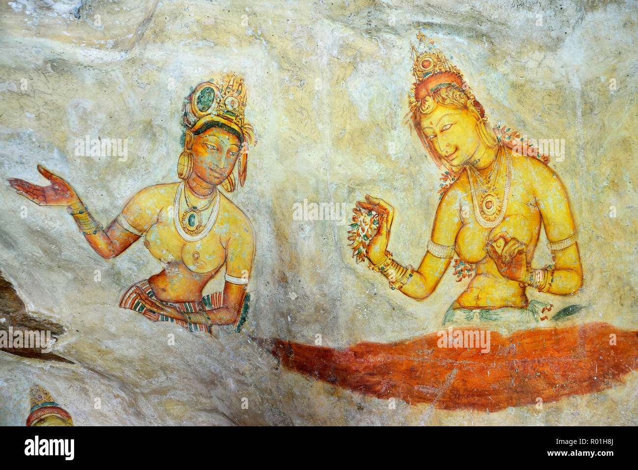 Fresque de le Nuage des Filles sur le rocher du Lion de Sigiriya, UNESCO World Heritage Site, Sri Lanka Banque D'Images