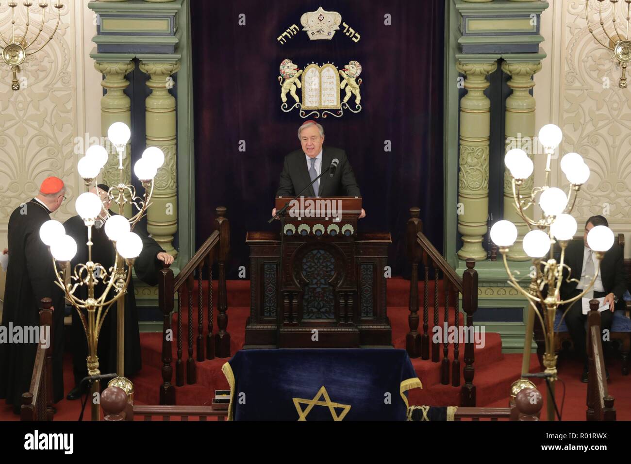 Park East Synagogue, New York, USA, 31 octobre 2018 - Secrétaire général M. Antonio Guterres Remarques au cours du Rassemblement interreligieux intitulé United contre la haine aujourd'hui à la Park East Synagogue à New York. Photo : Luiz Rampelotto/EuropaNewswire dans le monde d'utilisation | Banque D'Images