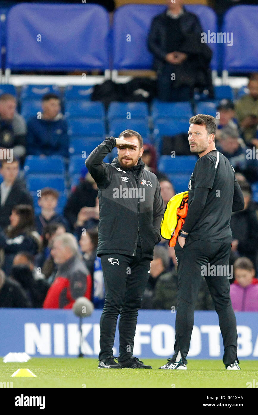 Derby County FC assistant manager, Jody Morris regarde autour de lui pendant le cycle de coupe Carabao EFL 16 match entre Chelsea et Derby County à Stamford Bridge, Londres, Angleterre le 31 octobre 2018. Photo par Carlton Myrie. Usage éditorial uniquement, licence requise pour un usage commercial. Aucune utilisation de pari, de jeux ou d'un seul club/ligue/dvd publications. Banque D'Images